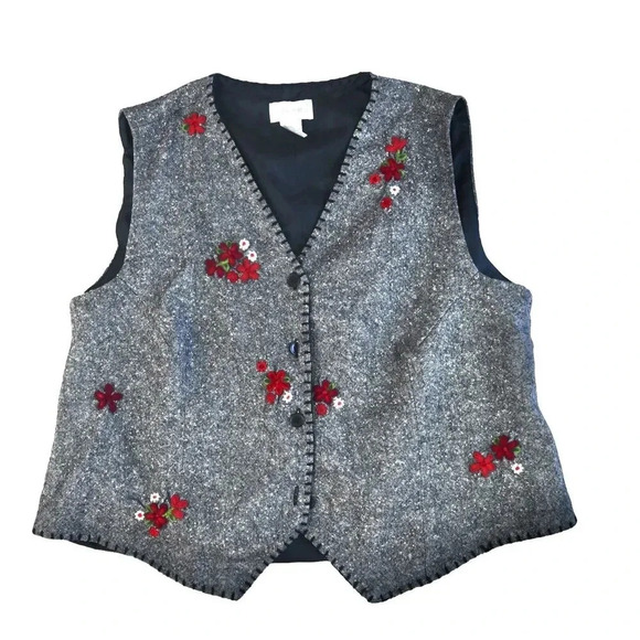 Foxcroft Womens Gray Wool Blend XL V Neck Sweater Vest Christmas Teacher Flower - Picture 1 of 9